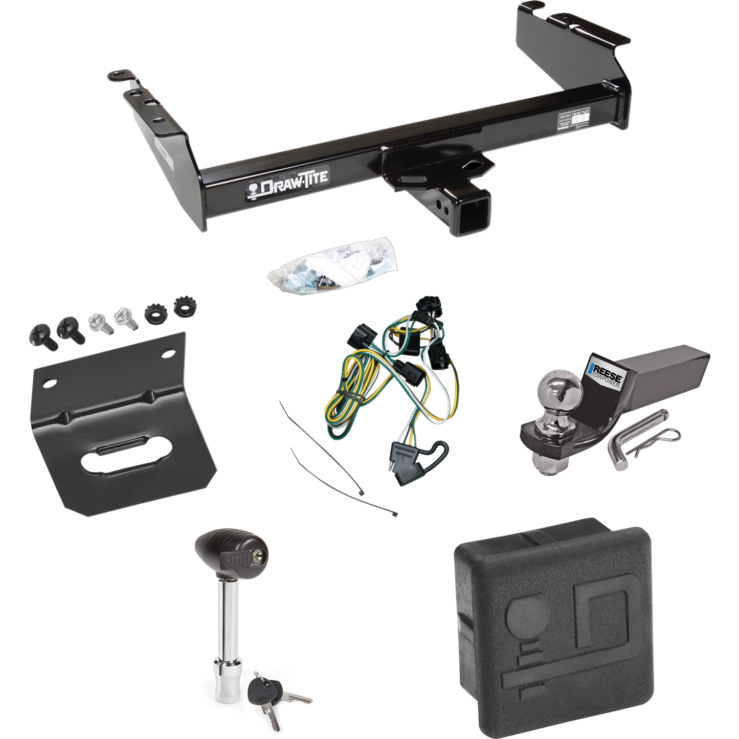 Fits 1995-2001 Dodge Ram 1500 Trailer Hitch Tow PKG w/ 4-Flat Wiring + Starter Kit Ball Mount w/ 2" Drop & 2" Ball + Wiring Bracket + Hitch Lock + Hitch Cover By Draw-Tite