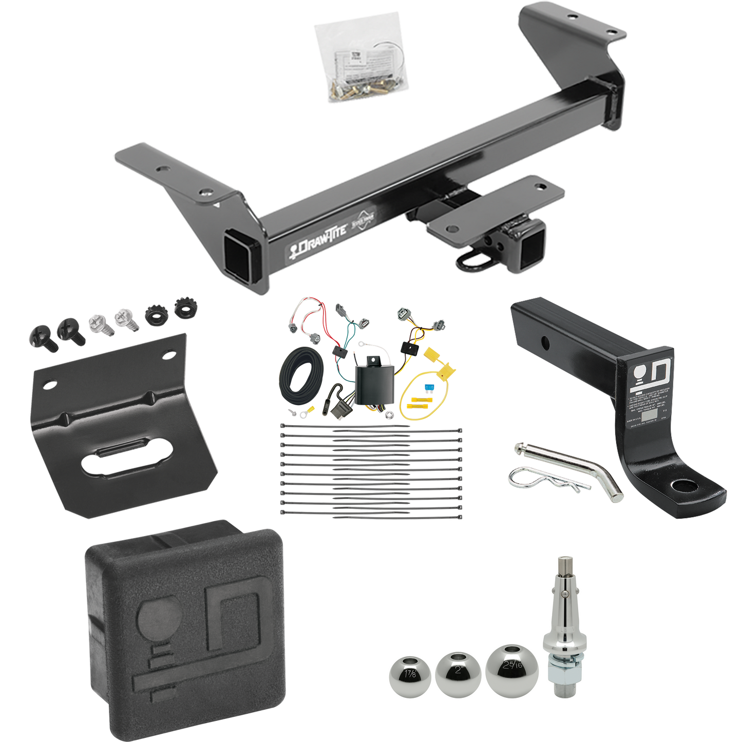 Fits 2016-2023 Toyota Tacoma Trailer Hitch Tow PKG w/ 4-Flat Wiring + Ball Mount w/ 4" Drop + Interchangeable Ball 1-7/8" & 2" & 2-5/16" + Wiring Bracket + Hitch Cover By Draw-Tite