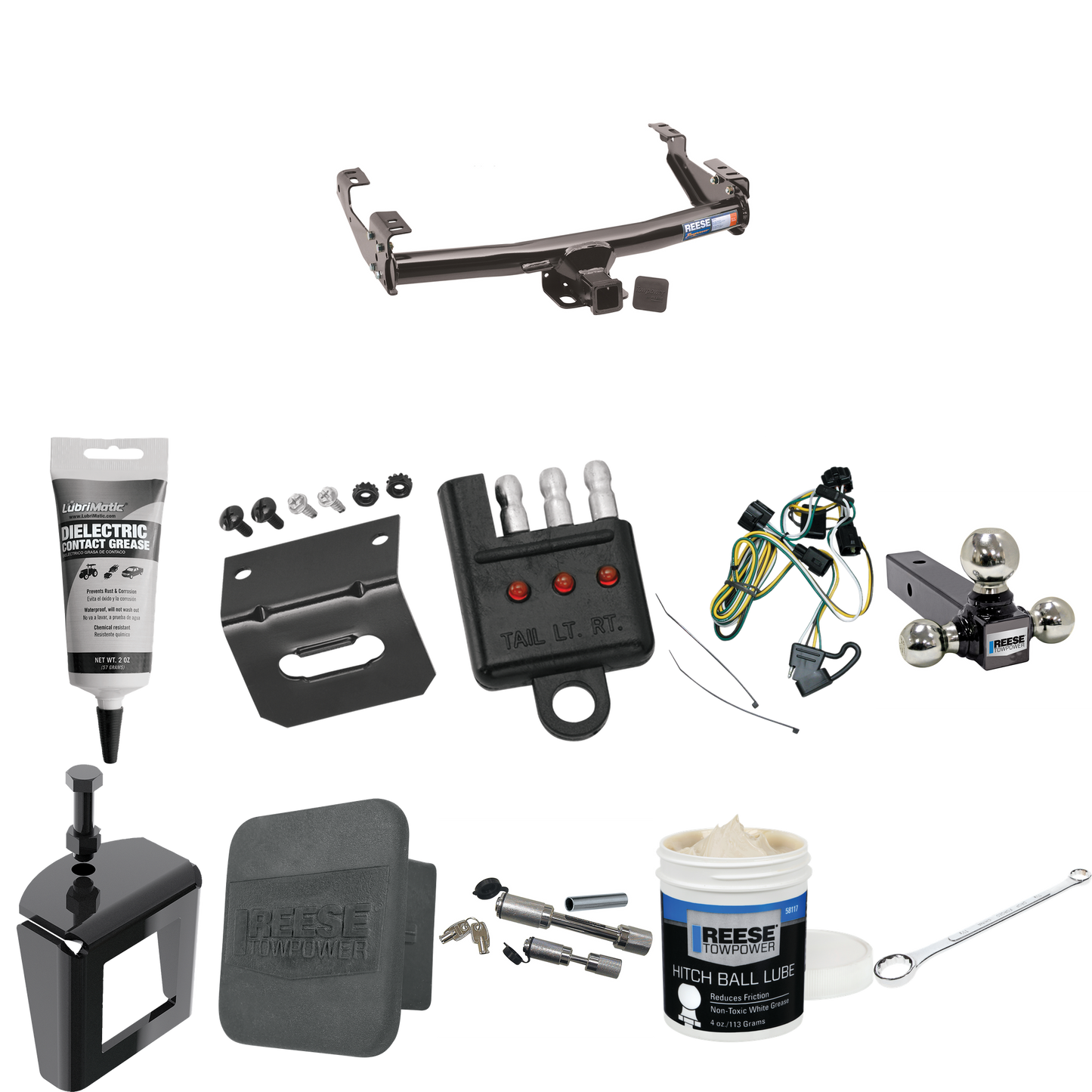 Fits 1995-2001 Dodge Ram 4000 Trailer Hitch Tow PKG w/ 4-Flat Wiring + Triple Ball Ball Mount 1-7/8" & 2" & 2-5/16" Trailer Balls + Wiring Bracket + Hitch Cover + Dual Hitch & Coupler Locks + Wiring Tester + Ball Lube + Electric Grease + Ball Wrench