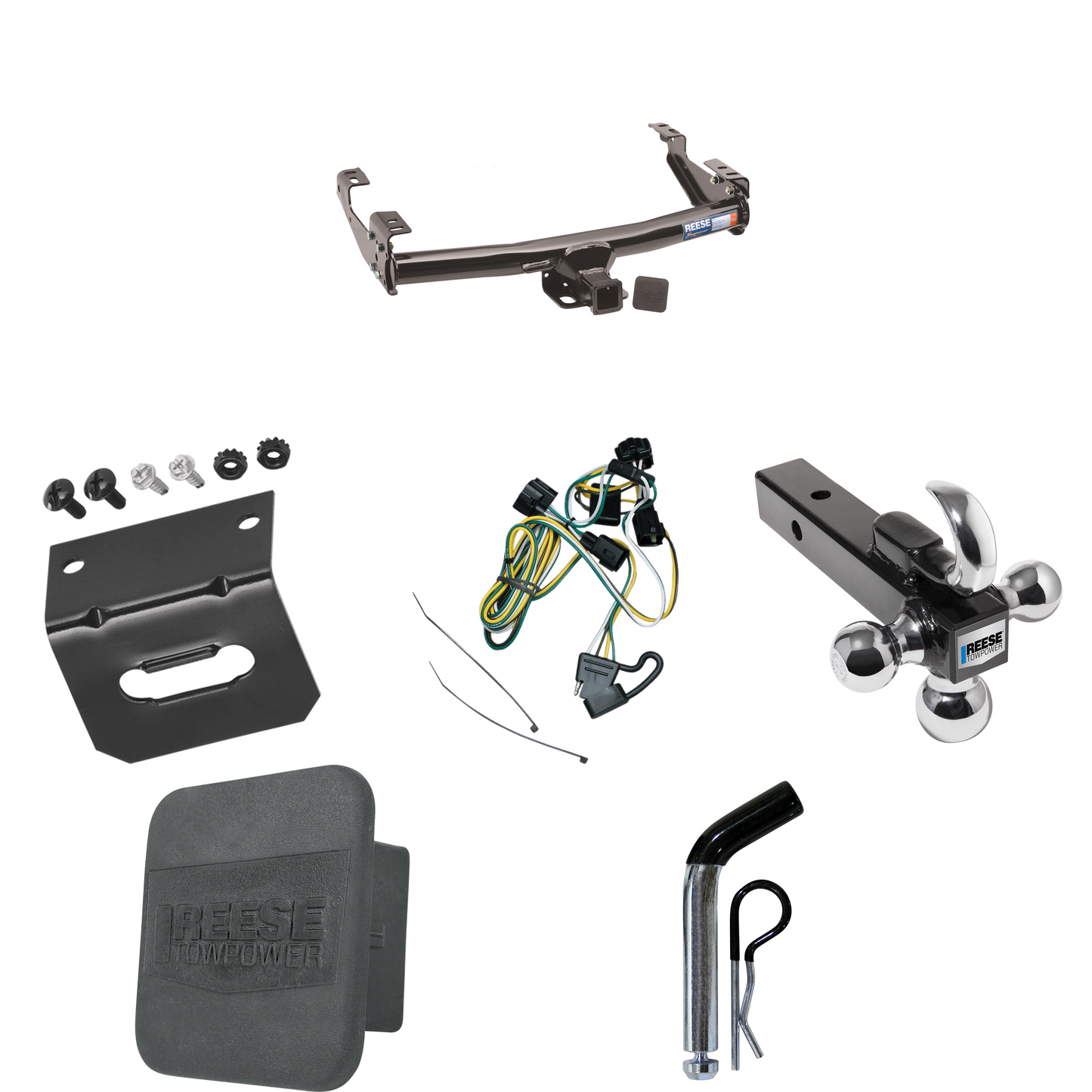 Fits 1995-2001 Dodge Ram 4000 Trailer Hitch Tow PKG w/ 4-Flat Wiring + Triple Ball Ball Mount 1-7/8" & 2" & 2-5/16" Trailer Balls w/ Tow Hook + Pin/Clip + Wiring Bracket + Hitch Cover By Reese Towpower