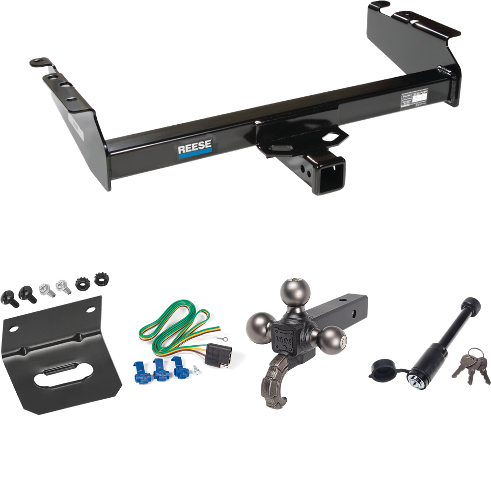 Fits 1994-1994 Dodge Ram 3500 Trailer Hitch Tow PKG w/ 4-Flat Wiring + Triple Ball Tactical Ball Mount 1-7/8" & 2" & 2-5/16" Balls w/ Tow Hook + Tactical Dogbone Lock + Wiring Bracket By Reese Towpower