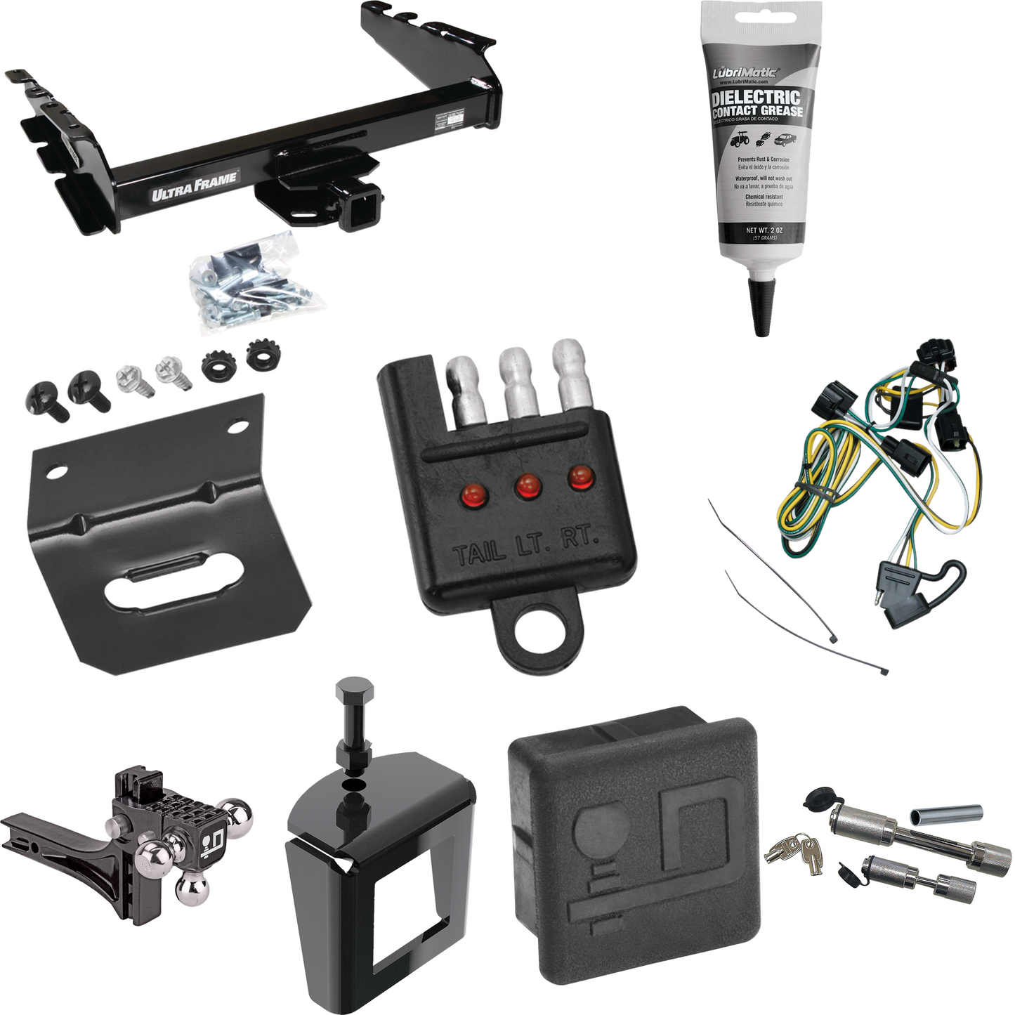 Fits 1995-2002 Dodge Ram 3500 Trailer Hitch Tow PKG w/ 4-Flat Wiring Harness + Adjustable Drop Rise Triple Ball Ball Mount 1-7/8" & 2" & 2-5/16" Trailer Balls + Dual Hitch & Coupler Locks + Hitch Cover + Wiring Bracket + Wiring Tester + Electric Grea