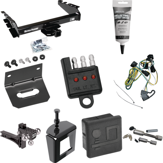 Fits 1995-2002 Dodge Ram 3500 Trailer Hitch Tow PKG w/ 4-Flat Wiring Harness + Adjustable Drop Rise Triple Ball Ball Mount 1-7/8" & 2" & 2-5/16" Trailer Balls + Dual Hitch & Coupler Locks + Hitch Cover + Wiring Bracket + Wiring Tester + Electric Grea