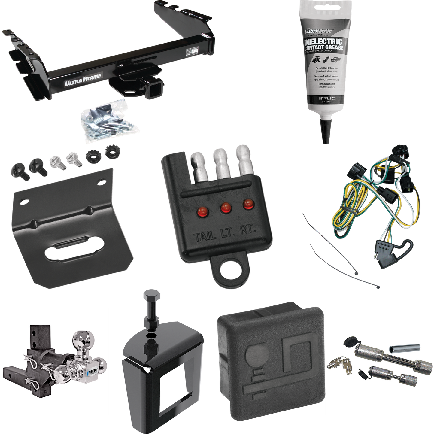 Fits 1995-2002 Dodge Ram 2500 Trailer Hitch Tow PKG w/ 4-Flat Wiring Harness + Adjustable Drop Rise Triple Ball Ball Mount 1-7/8" & 2" & 2-5/16" Trailer Balls + Dual Hitch & Coupler Locks + Hitch Cover + Wiring Bracket + Wiring Tester + Electric Grea