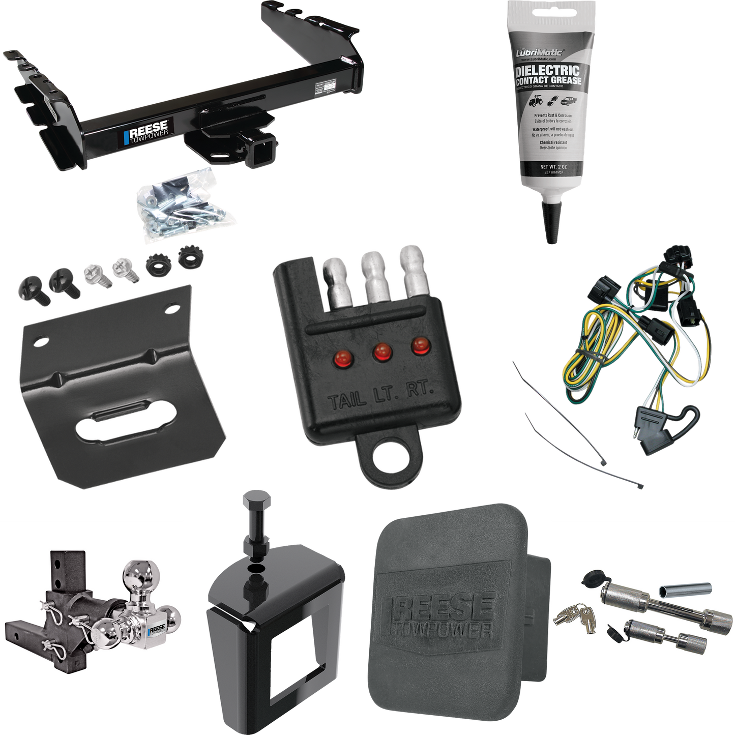 Fits 1995-2002 Dodge Ram 2500 Trailer Hitch Tow PKG w/ 4-Flat Wiring Harness + Adjustable Drop Rise Triple Ball Ball Mount 1-7/8" & 2" & 2-5/16" Trailer Balls + Dual Hitch & Coupler Locks + Hitch Cover + Wiring Bracket + Wiring Tester + Electric Grea