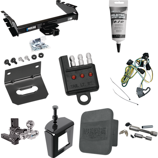 Fits 1995-2002 Dodge Ram 2500 Trailer Hitch Tow PKG w/ 4-Flat Wiring Harness + Adjustable Drop Rise Triple Ball Ball Mount 1-7/8" & 2" & 2-5/16" Trailer Balls + Dual Hitch & Coupler Locks + Hitch Cover + Wiring Bracket + Wiring Tester + Electric Grea