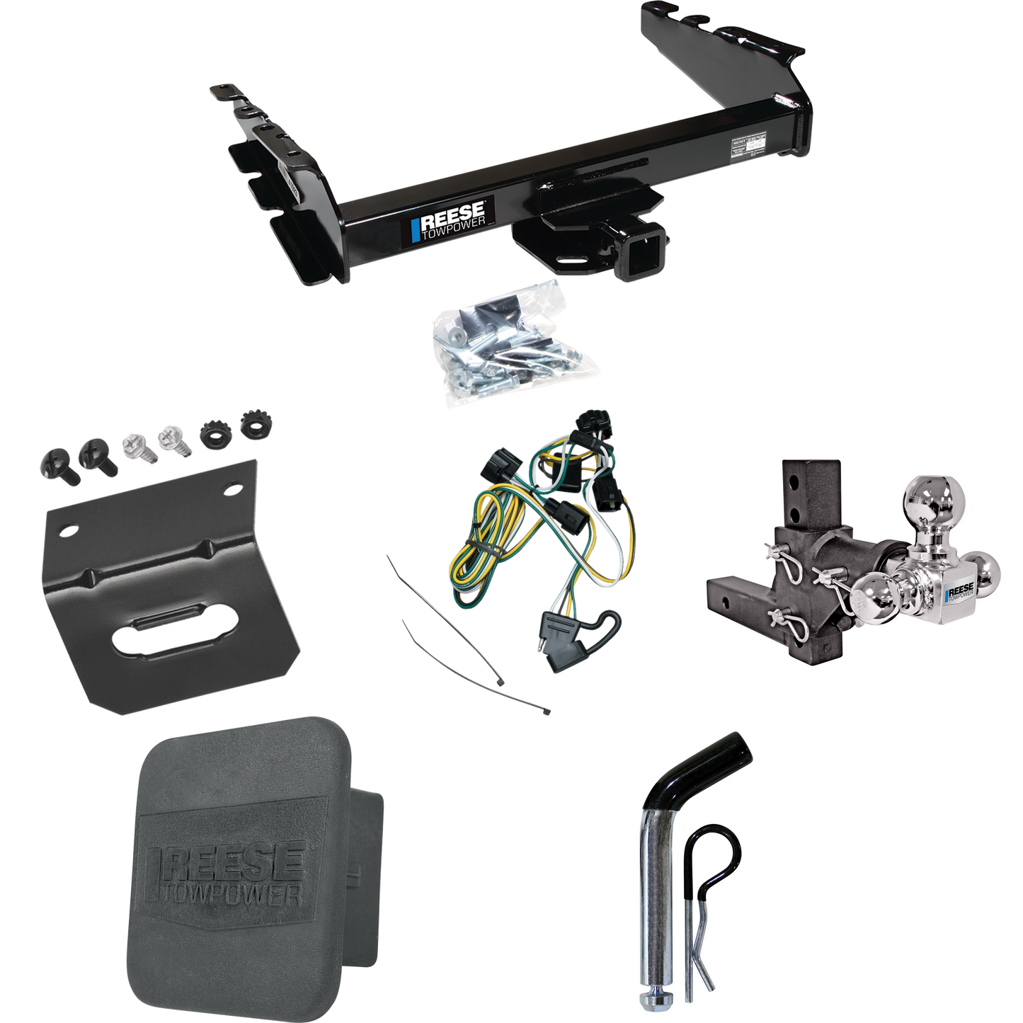 Fits 1995-2002 Dodge Ram 2500 Trailer Hitch Tow PKG w/ 4-Flat Wiring Harness + Adjustable Drop Rise Triple Ball Ball Mount 1-7/8" & 2" & 2-5/16" Trailer Balls + Pin/Clip + Hitch Cover + Wiring Bracket By Reese Towpower