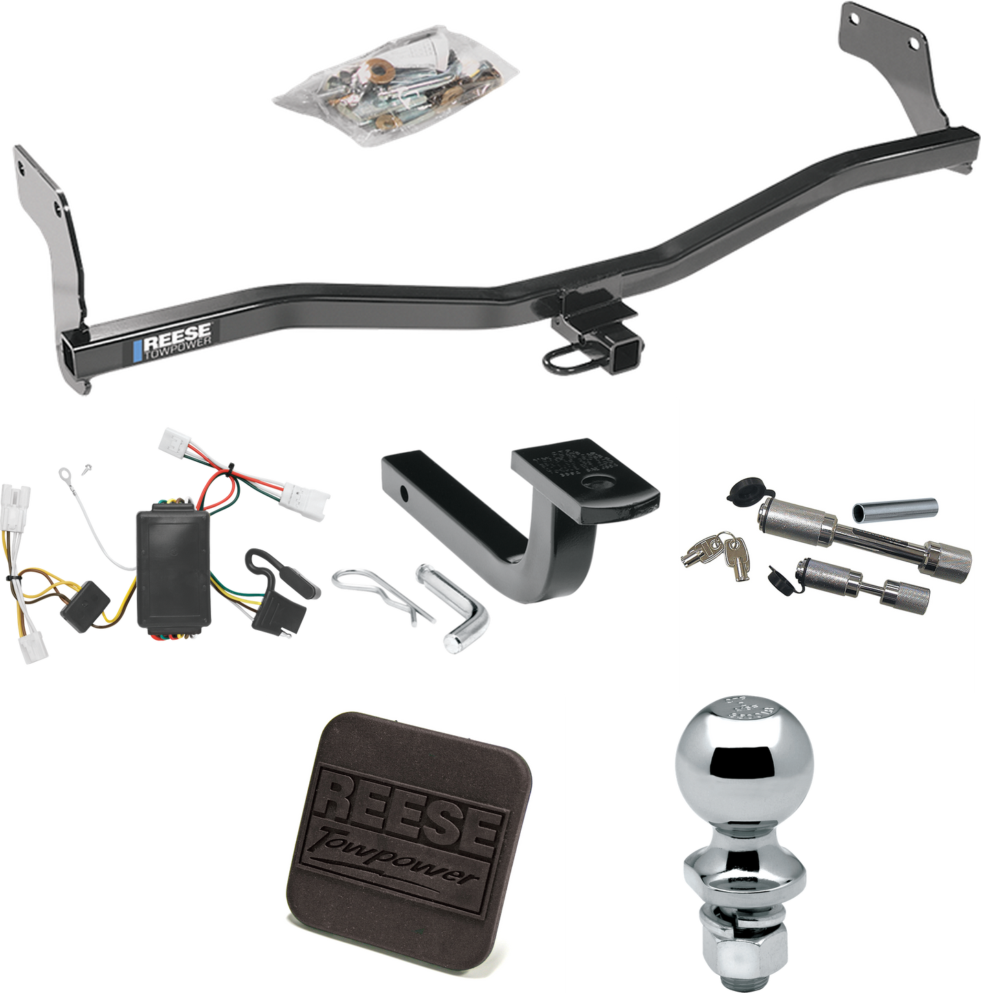 Fits 2007-2010 Hyundai Elantra Trailer Hitch Tow PKG w/ 4-Flat Wiring Harness + Draw-Bar + 2" Ball + Hitch Cover + Dual Hitch & Coupler Locks (For Sedan Models) By Reese Towpower