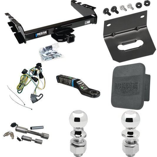 Fits 1995-2002 Dodge Ram 3500 Trailer Hitch Tow PKG w/ 4-Flat Wiring Harness + Ball Mount w/ 2" Drop + Dual Hitch & Coupler Locks + 2" Ball + 2-5/16" Ball + Hitch Cover + Wiring Bracket By Reese Towpower