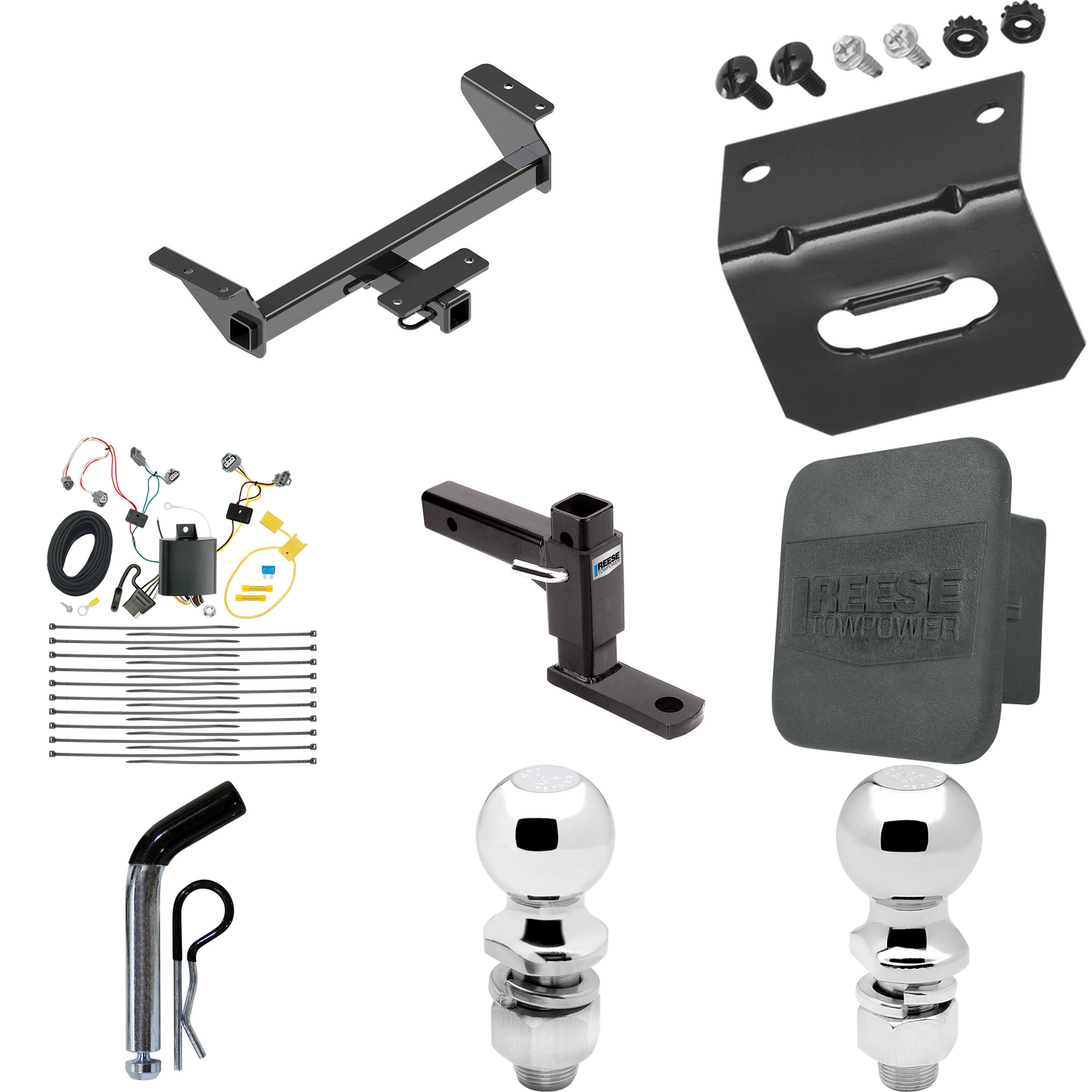 Fits 2016-2023 Toyota Tacoma Trailer Hitch Tow PKG w/ 4-Flat Wiring + Adjustable Drop Rise Ball Mount + Pin/Clip + 2" Ball + 2-5/16" Ball + Wiring Bracket + Hitch Cover By Reese Towpower