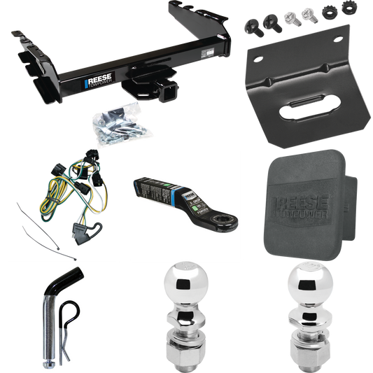 Fits 1995-2002 Dodge Ram 3500 Trailer Hitch Tow PKG w/ 4-Flat Wiring Harness + Ball Mount w/ 2" Drop + Pin/Clip + 2" Ball + 2-5/16" Ball + Hitch Cover + Wiring Bracket By Reese Towpower