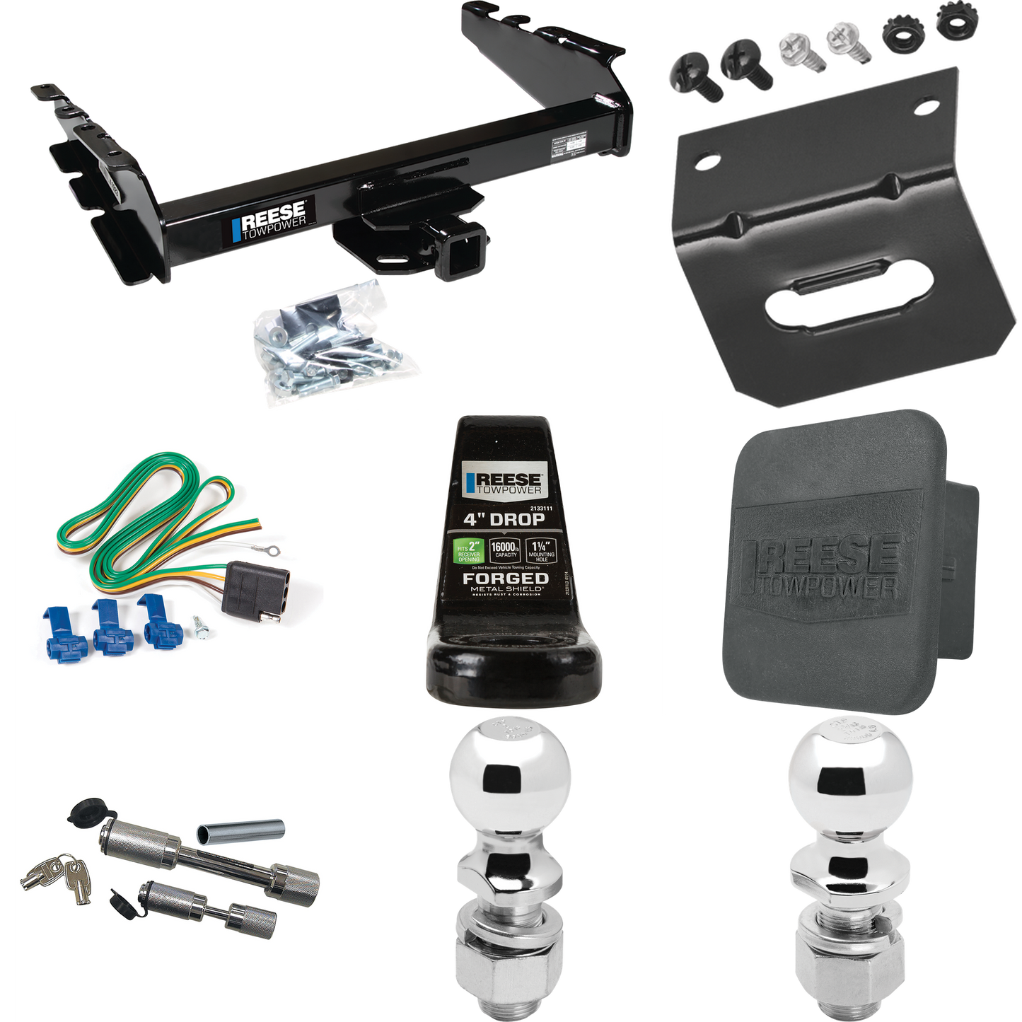 Fits 1994-1994 Dodge Ram 2500 Trailer Hitch Tow PKG w/ 4-Flat Wiring Harness + Ball Mount w/ 4" Drop + Dual Hitch & Coupler Locks + 2" Ball + 2-5/16" Ball + Hitch Cover + Wiring Bracket By Reese Towpower