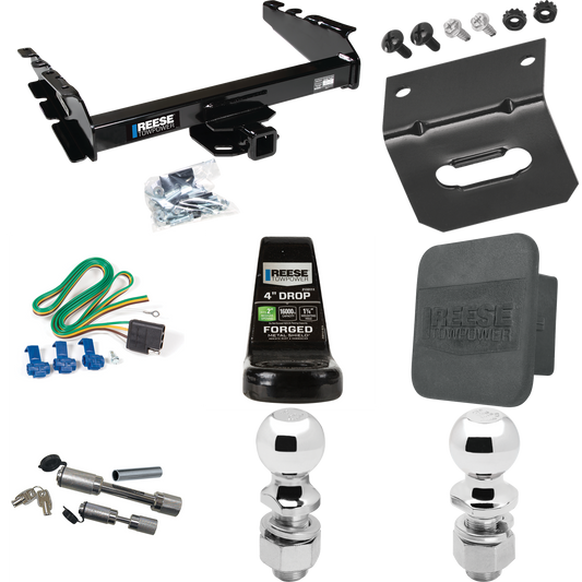 Fits 1994-1994 Dodge Ram 2500 Trailer Hitch Tow PKG w/ 4-Flat Wiring Harness + Ball Mount w/ 4" Drop + Dual Hitch & Coupler Locks + 2" Ball + 2-5/16" Ball + Hitch Cover + Wiring Bracket By Reese Towpower