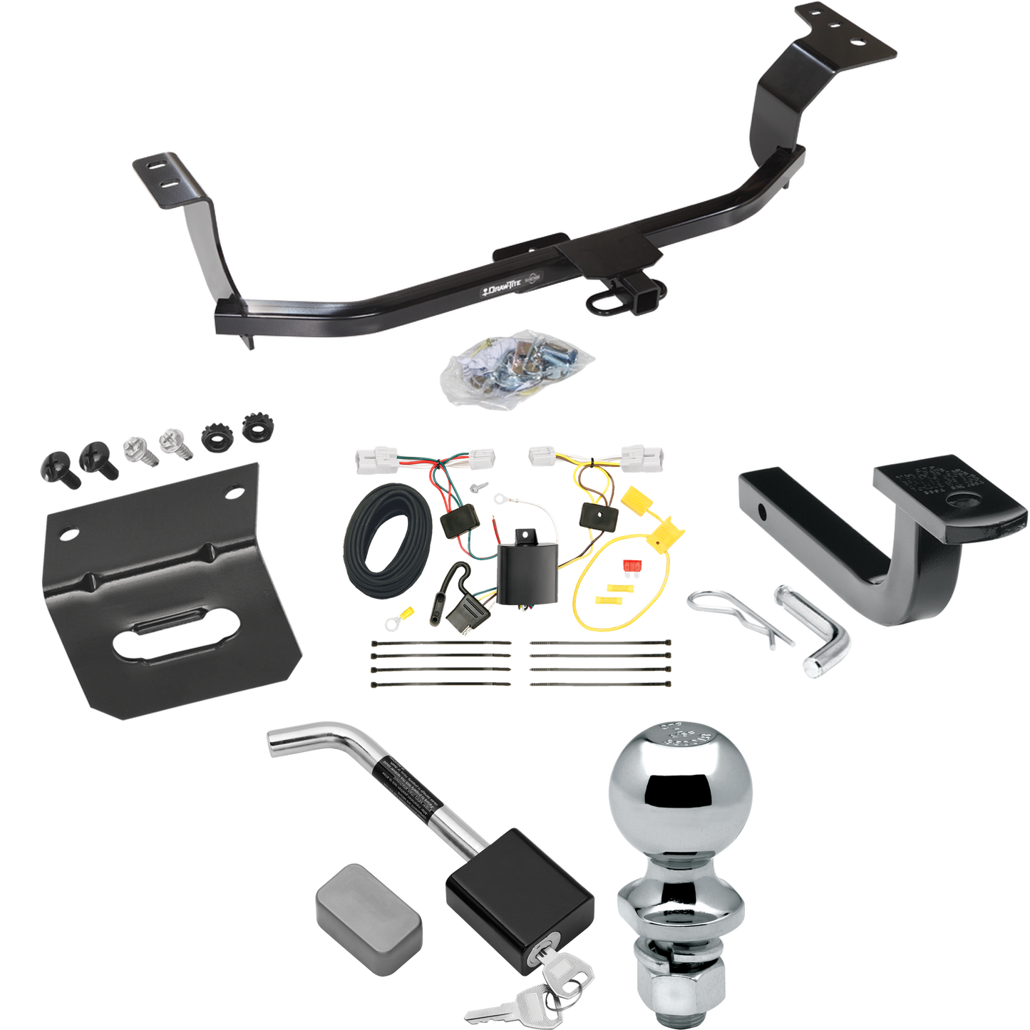 Se adapta al paquete de enganche de remolque Hyundai Elantra 2011-2016 con arnés de cableado de 4 planos + barra de tracción + bola de 2" + soporte de cableado + bloqueo de enganche (para modelos sedán) de Draw-Tite