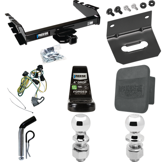 Fits 1995-2001 Dodge Ram 1500 Trailer Hitch Tow PKG w/ 4-Flat Wiring Harness + Ball Mount w/ 4" Drop + Pin/Clip + 2" Ball + 2-5/16" Ball + Hitch Cover + Wiring Bracket By Reese Towpower