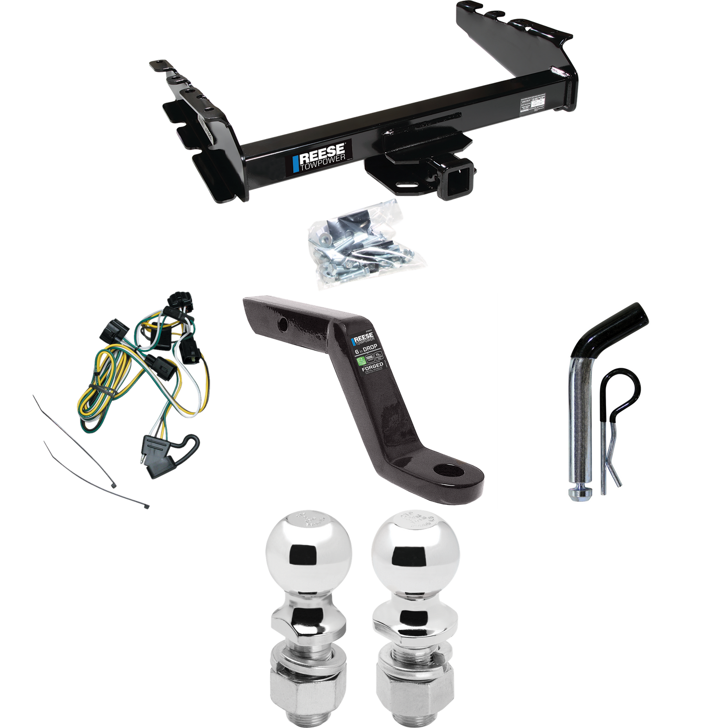 Fits 1995-2002 Dodge Ram 3500 Trailer Hitch Tow PKG w/ 4-Flat Wiring Harness + Ball Mount w/ 6" Drop + Pin/Clip + 2" Ball + 2-5/16" Ball By Reese Towpower