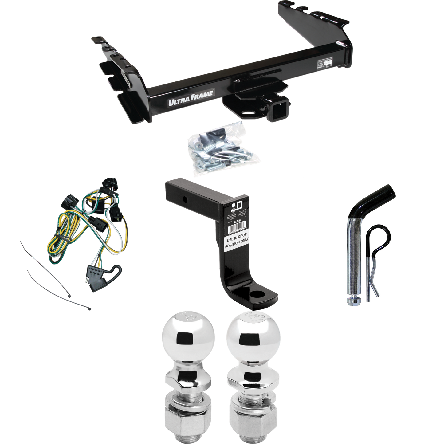 Fits 1995-2002 Dodge Ram 2500 Trailer Hitch Tow PKG w/ 4-Flat Wiring Harness + Ball Mount w/ 8" Drop + Pin/Clip + 2" Ball + 2-5/16" Ball By Draw-Tite