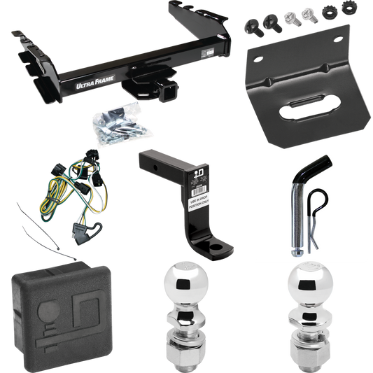 Fits 1995-2001 Dodge Ram 1500 Trailer Hitch Tow PKG w/ 4-Flat Wiring Harness + Ball Mount w/ 8" Drop + Pin/Clip + 2" Ball + 2-5/16" Ball + Hitch Cover + Wiring Bracket By Draw-Tite