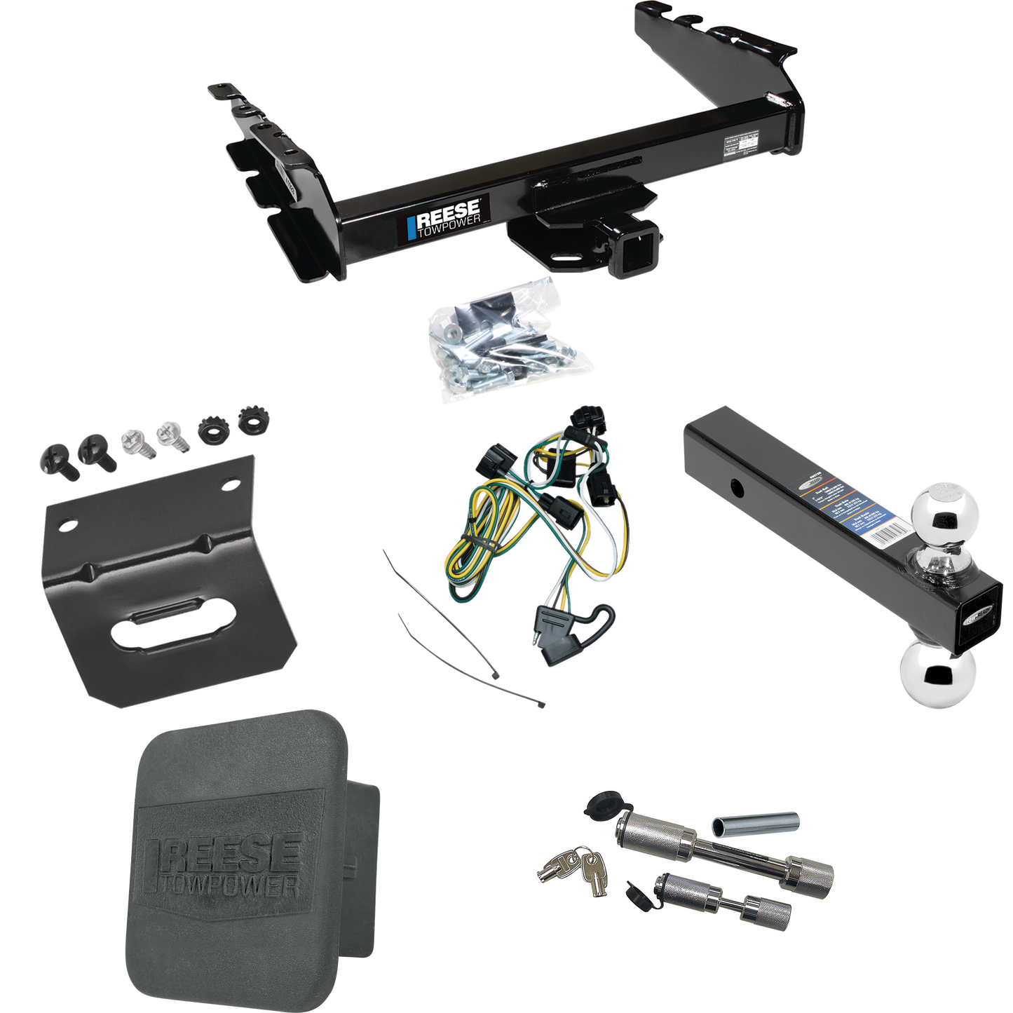 Fits 1995-2002 Dodge Ram 2500 Trailer Hitch Tow PKG w/ 4-Flat Wiring Harness + Dual Ball Ball Mount 2" & 2-5/16" Trailer Balls + Dual Hitch & Coupler Locks + Hitch Cover + Wiring Bracket By Reese Towpower