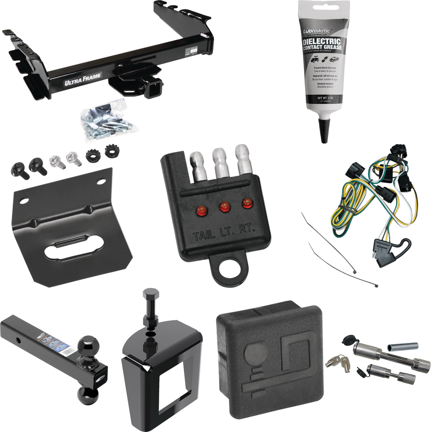 Fits 1995-2001 Dodge Ram 1500 Trailer Hitch Tow PKG w/ 4-Flat Wiring Harness + Dual Ball Ball Mount 2" & 2-5/16" Trailer Balls + Dual Hitch & Coupler Locks + Hitch Cover + Wiring Bracket + Wiring Tester + Electric Grease + Anti Rattle Device By Draw-