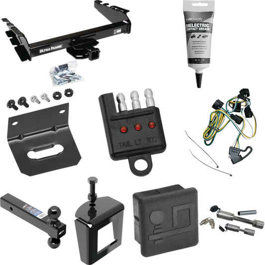 Fits 1995-2001 Dodge Ram 1500 Trailer Hitch Tow PKG w/ 4-Flat Wiring Harness + Dual Ball Ball Mount 2" & 2-5/16" Trailer Balls + Dual Hitch & Coupler Locks + Hitch Cover + Wiring Bracket + Wiring Tester + Electric Grease + Anti Rattle Device By Draw-