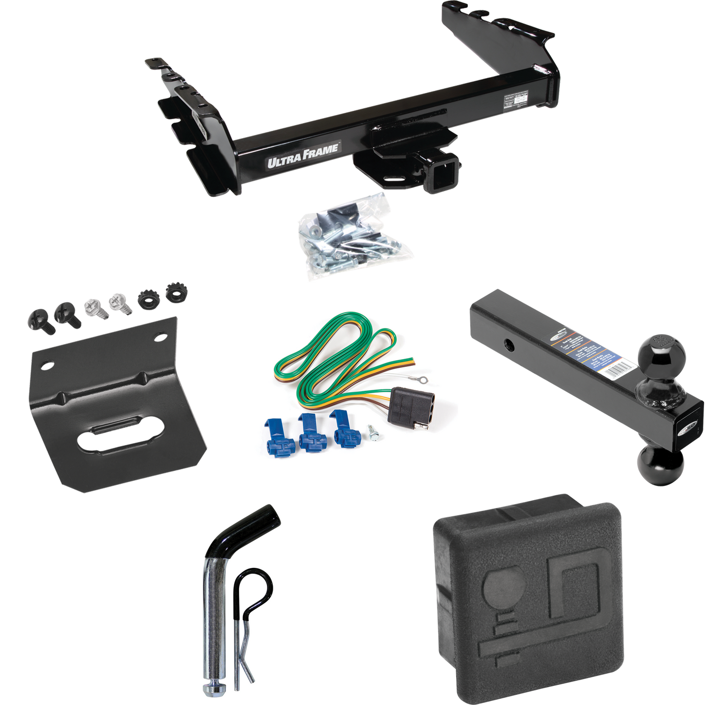 Fits 1994-1994 Dodge Ram 3500 Trailer Hitch Tow PKG w/ 4-Flat Wiring Harness + Dual Ball Ball Mount 2" & 2-5/16" Trailer Balls + Pin/Clip + Hitch Cover + Wiring Bracket By Draw-Tite