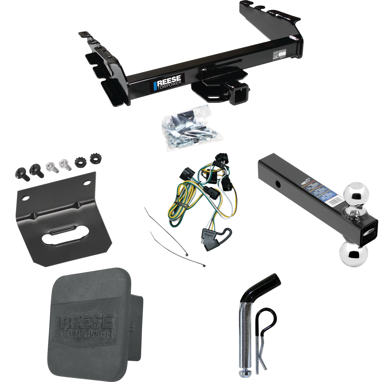 Fits 1995-2002 Dodge Ram 3500 Trailer Hitch Tow PKG w/ 4-Flat Wiring Harness + Dual Ball Ball Mount 2" & 2-5/16" Trailer Balls + Pin/Clip + Hitch Cover + Wiring Bracket By Reese Towpower