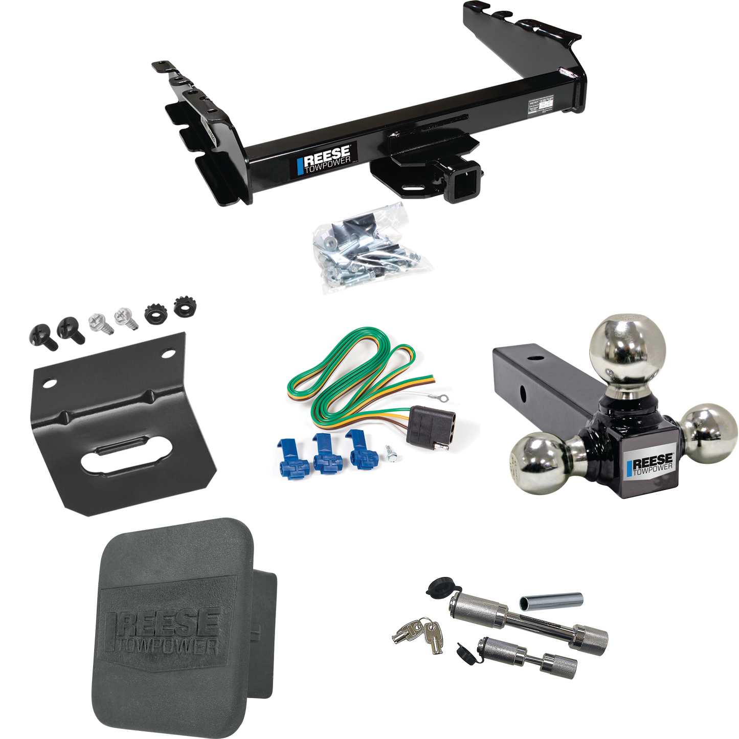 Fits 1994-1994 Dodge Ram 3500 Trailer Hitch Tow PKG w/ 4-Flat Wiring Harness + Triple Ball Ball Mount 1-7/8" & 2" & 2-5/16" Trailer Balls + Dual Hitch & Coupler Locks + Hitch Cover + Wiring Bracket By Reese Towpower