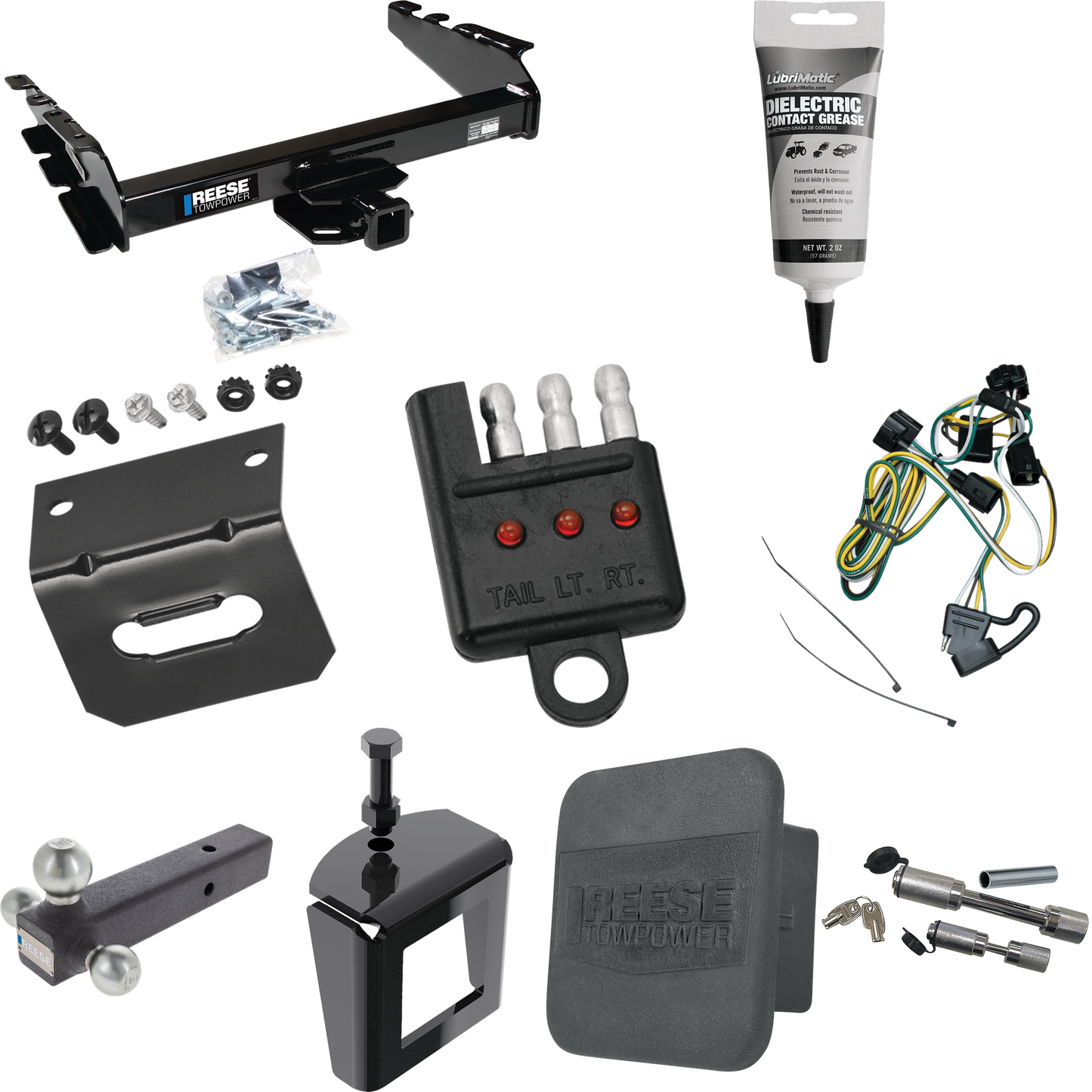 Fits 1995-2001 Dodge Ram 1500 Trailer Hitch Tow PKG w/ 4-Flat Wiring Harness + Triple Ball Ball Mount 1-7/8" & 2" & 2-5/16" Trailer Balls + Dual Hitch & Coupler Locks + Hitch Cover + Wiring Bracket + Wiring Tester + Electric Grease + Anti Rattle Devi