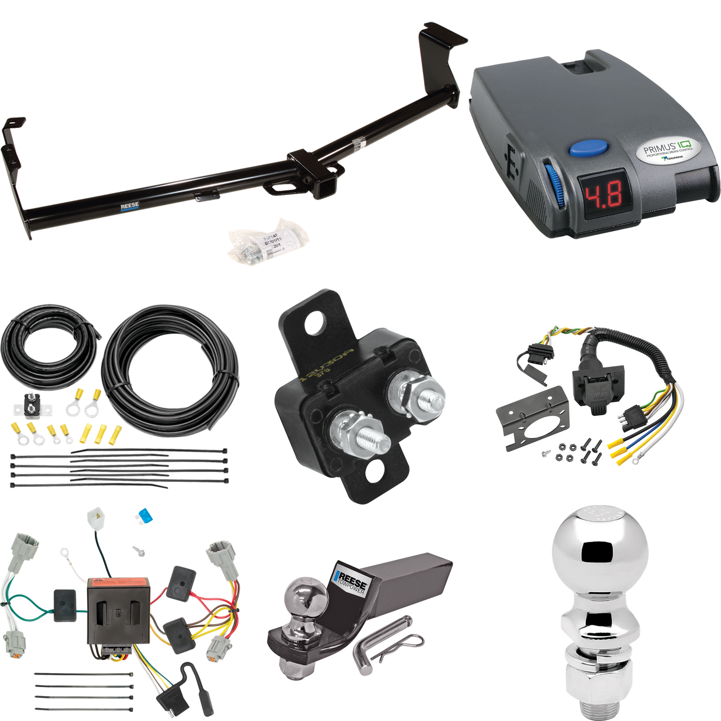 Se adapta al paquete de enganche de remolque Nissan Quest 2011-2016 con control de freno Tekonsha Primus IQ + cableado RV de 7 vías + soporte de bola y caída de 2" y 2-5/16" de Reese Towpower