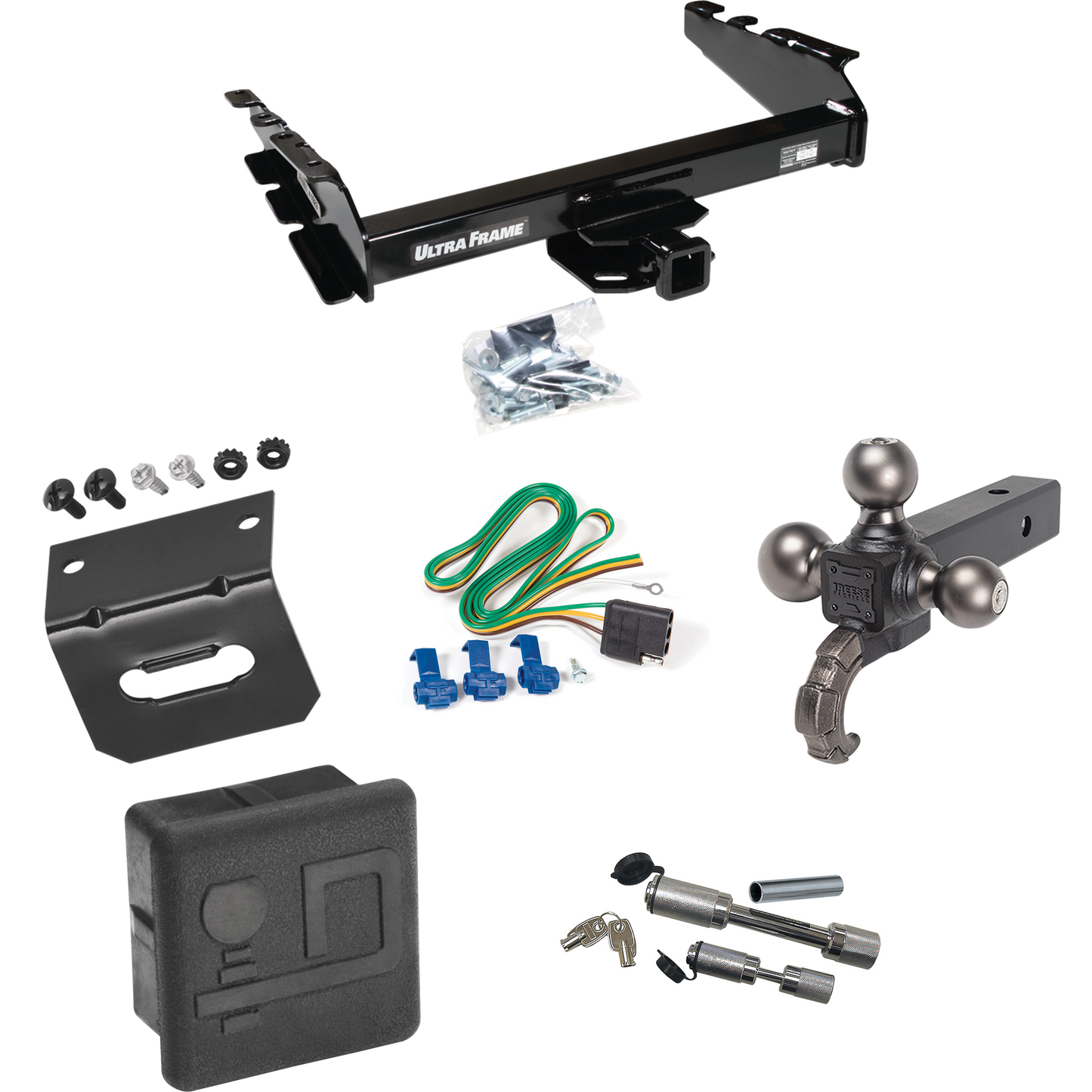 Fits 1994-1994 Dodge Ram 2500 Trailer Hitch Tow PKG w/ 4-Flat Wiring Harness + Triple Ball Ball Mount 1-7/8" & 2" & 2-5/16" Trailer Balls w/ Tow Hook + Dual Hitch & Coupler Locks + Hitch Cover + Wiring Bracket By Draw-Tite