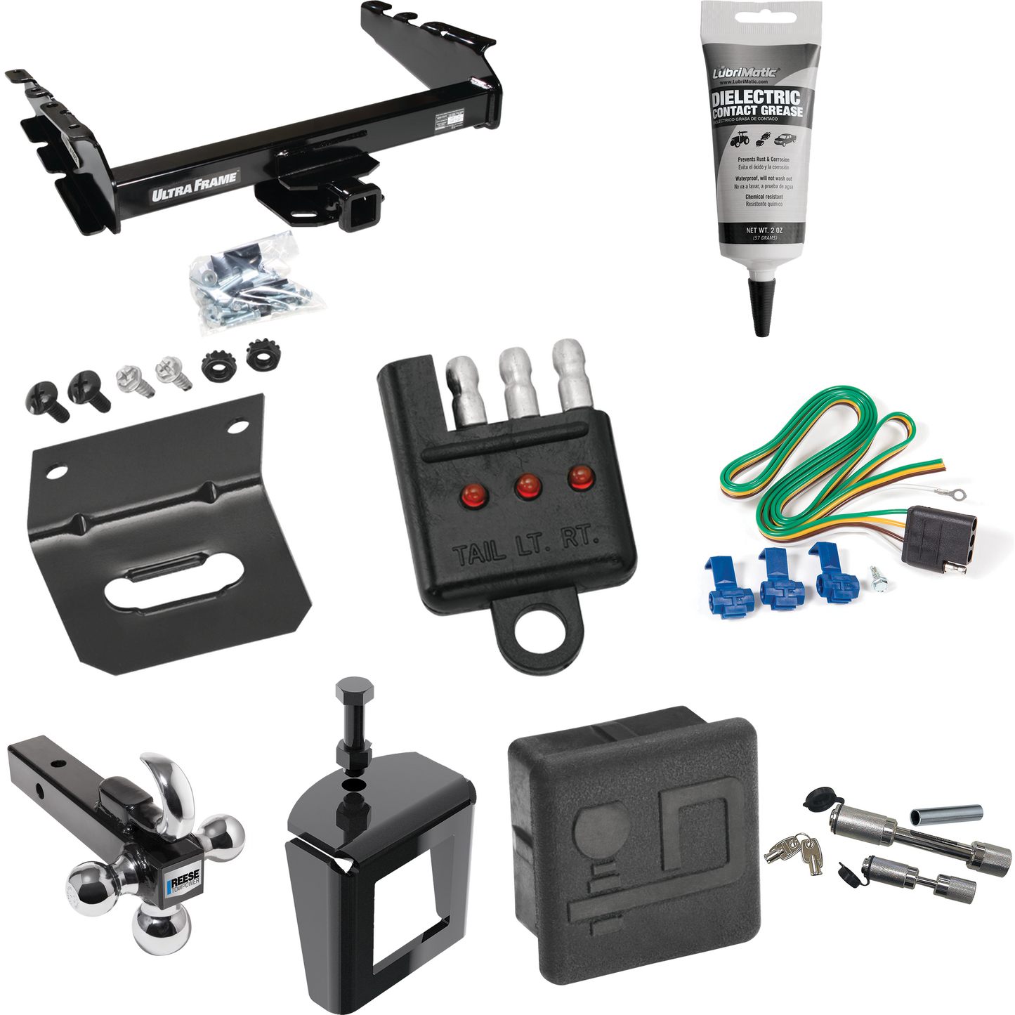 Fits 1994-1994 Dodge Ram 3500 Trailer Hitch Tow PKG w/ 4-Flat Wiring Harness + Triple Ball Ball Mount 1-7/8" & 2" & 2-5/16" Trailer Balls w/ Tow Hook + Dual Hitch & Coupler Locks + Hitch Cover + Wiring Bracket + Wiring Tester + Electric Grease + Anti