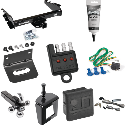 Fits 1994-1994 Dodge Ram 3500 Trailer Hitch Tow PKG w/ 4-Flat Wiring Harness + Triple Ball Ball Mount 1-7/8" & 2" & 2-5/16" Trailer Balls w/ Tow Hook + Dual Hitch & Coupler Locks + Hitch Cover + Wiring Bracket + Wiring Tester + Electric Grease + Anti