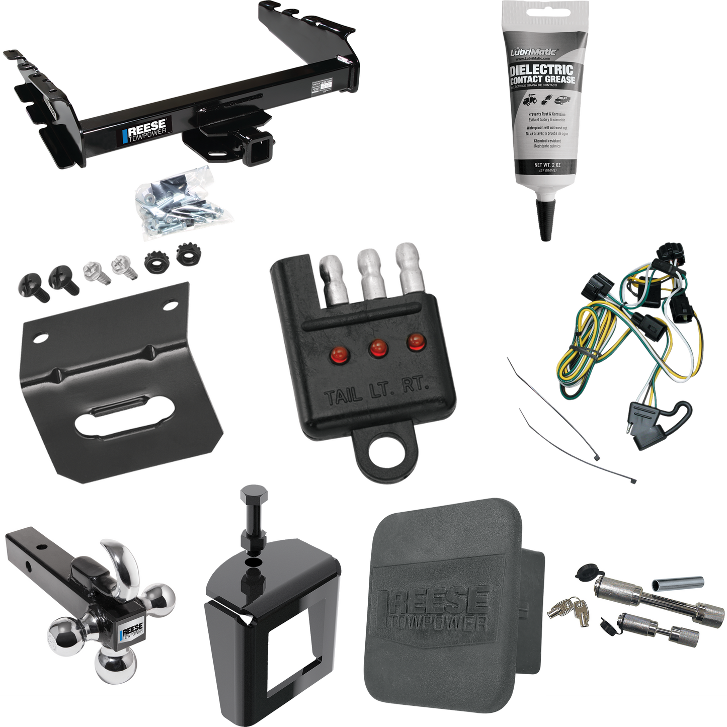 Fits 1995-2001 Dodge Ram 1500 Trailer Hitch Tow PKG w/ 4-Flat Wiring Harness + Triple Ball Ball Mount 1-7/8" & 2" & 2-5/16" Trailer Balls w/ Tow Hook + Dual Hitch & Coupler Locks + Hitch Cover + Wiring Bracket + Wiring Tester + Electric Grease + Anti