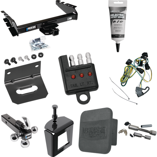 Fits 1995-2001 Dodge Ram 1500 Trailer Hitch Tow PKG w/ 4-Flat Wiring Harness + Triple Ball Ball Mount 1-7/8" & 2" & 2-5/16" Trailer Balls w/ Tow Hook + Dual Hitch & Coupler Locks + Hitch Cover + Wiring Bracket + Wiring Tester + Electric Grease + Anti