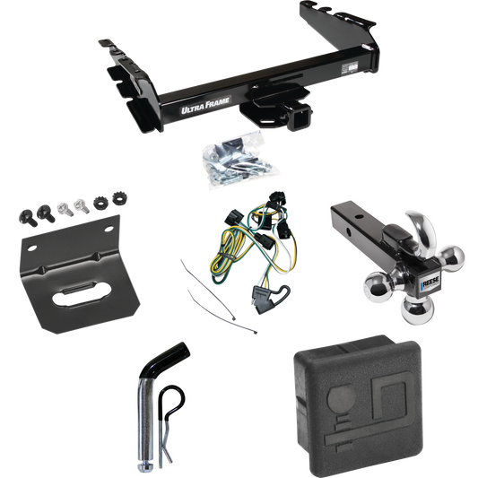 Fits 1995-2002 Dodge Ram 2500 Trailer Hitch Tow PKG w/ 4-Flat Wiring Harness + Triple Ball Ball Mount 1-7/8" & 2" & 2-5/16" Trailer Balls w/ Tow Hook + Pin/Clip + Hitch Cover + Wiring Bracket By Draw-Tite