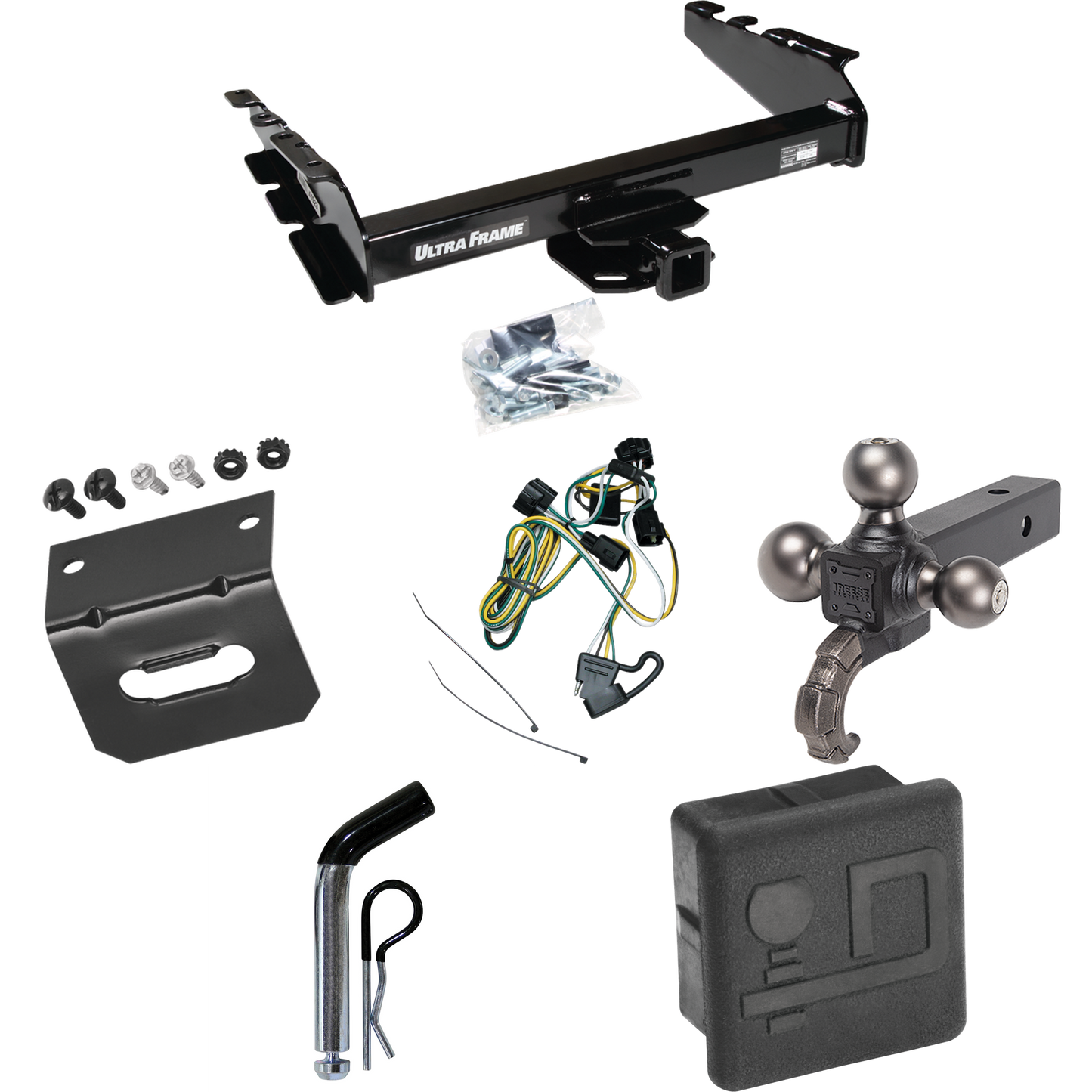 Fits 1995-2001 Dodge Ram 1500 Trailer Hitch Tow PKG w/ 4-Flat Wiring Harness + Triple Ball Ball Mount 1-7/8" & 2" & 2-5/16" Trailer Balls w/ Tow Hook + Pin/Clip + Hitch Cover + Wiring Bracket By Draw-Tite