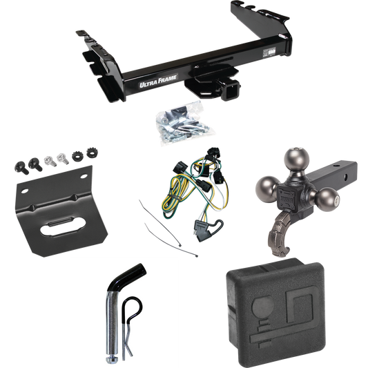 Fits 1995-2001 Dodge Ram 1500 Trailer Hitch Tow PKG w/ 4-Flat Wiring Harness + Triple Ball Ball Mount 1-7/8" & 2" & 2-5/16" Trailer Balls w/ Tow Hook + Pin/Clip + Hitch Cover + Wiring Bracket By Draw-Tite