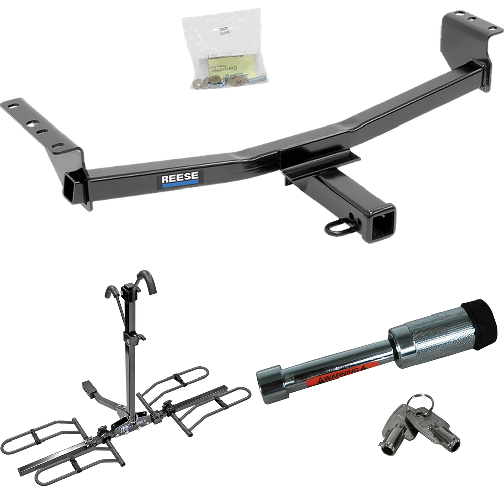 Fits 2014-2014 Nissan Rogue Select Trailer Hitch Tow PKG w/ 2 Bike Plaform Style Carrier Rack + Hitch Lock By Reese Towpower