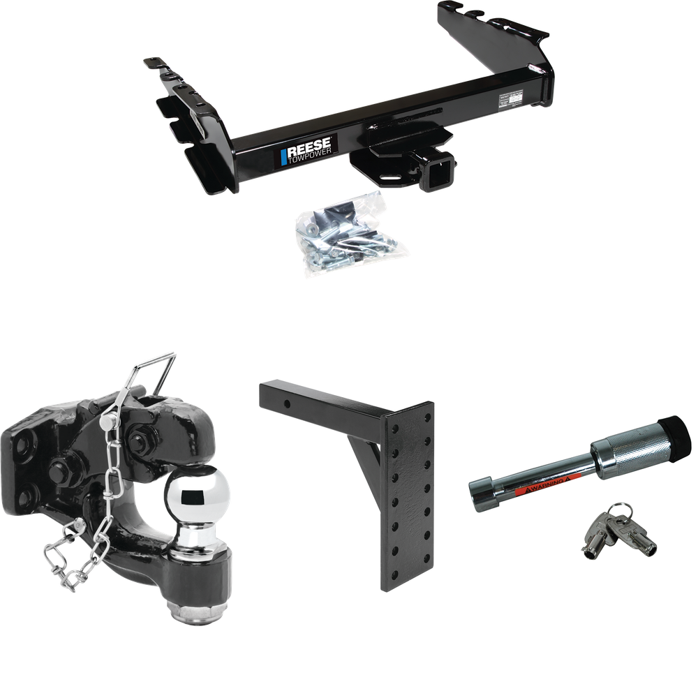 Fits 1994-2001 Dodge Ram 1500 Trailer Hitch Tow PKG w/ 7 Hole Pintle Hook Mounting Plate + Pintle Hook & 2" Ball Combination + Hitch Lock By Reese Towpower