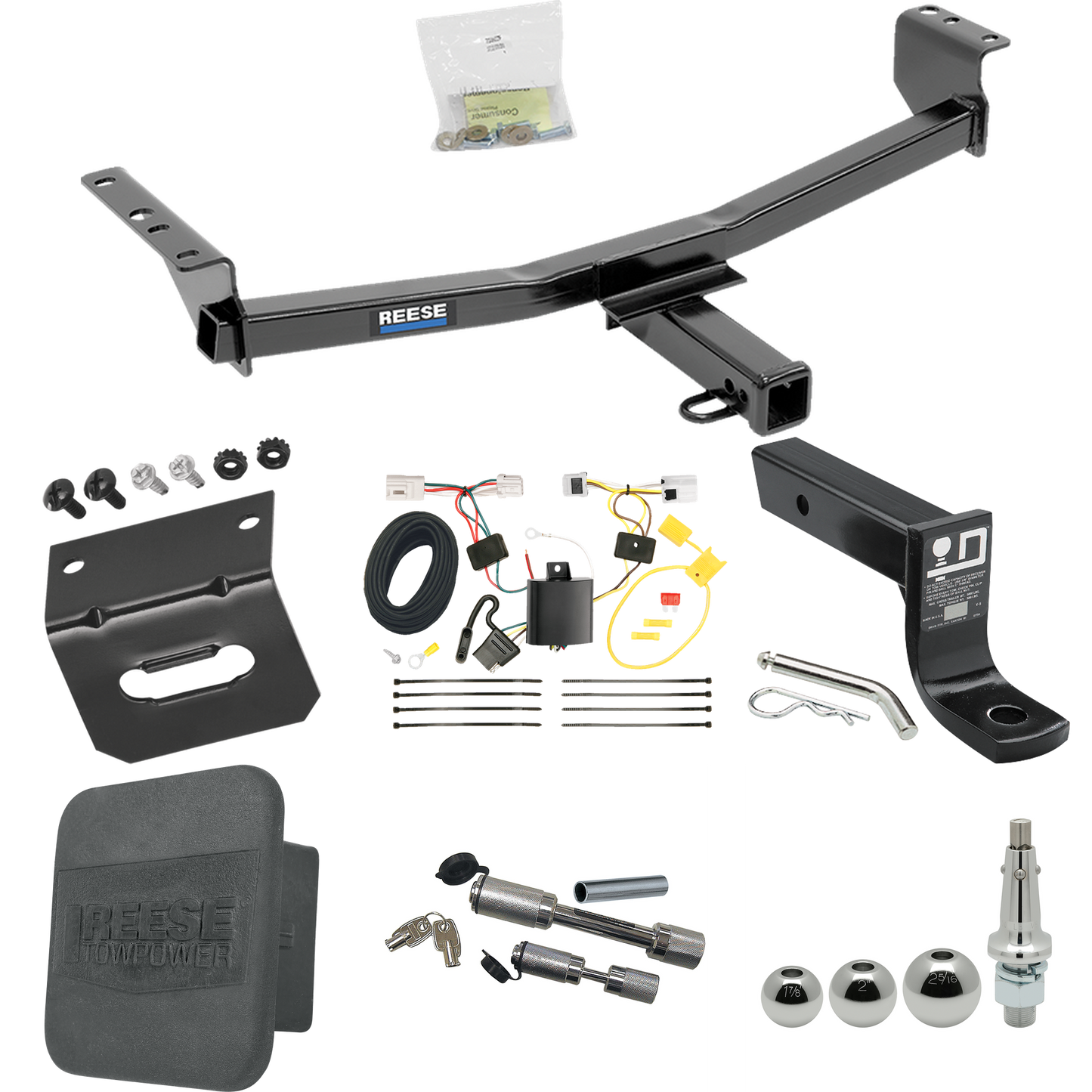 Fits 2014-2020 Nissan Rogue Trailer Hitch Tow PKG w/ 4-Flat Wiring + Ball Mount w/ 4" Drop + Interchangeable Ball 1-7/8" & 2" & 2-5/16" + Wiring Bracket + Dual Hitch & Coupler Locks + Hitch Cover (Excludes: Sport Models) By Reese Towpower