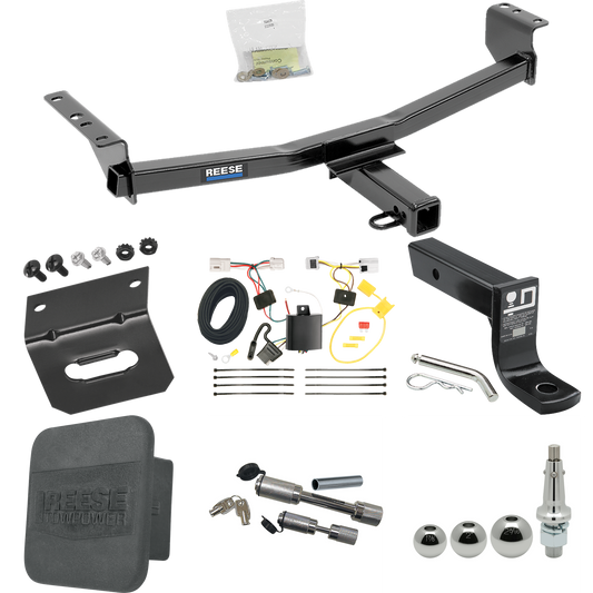 Fits 2014-2020 Nissan Rogue Trailer Hitch Tow PKG w/ 4-Flat Wiring + Ball Mount w/ 4" Drop + Interchangeable Ball 1-7/8" & 2" & 2-5/16" + Wiring Bracket + Dual Hitch & Coupler Locks + Hitch Cover (Excludes: Sport Models) By Reese Towpower