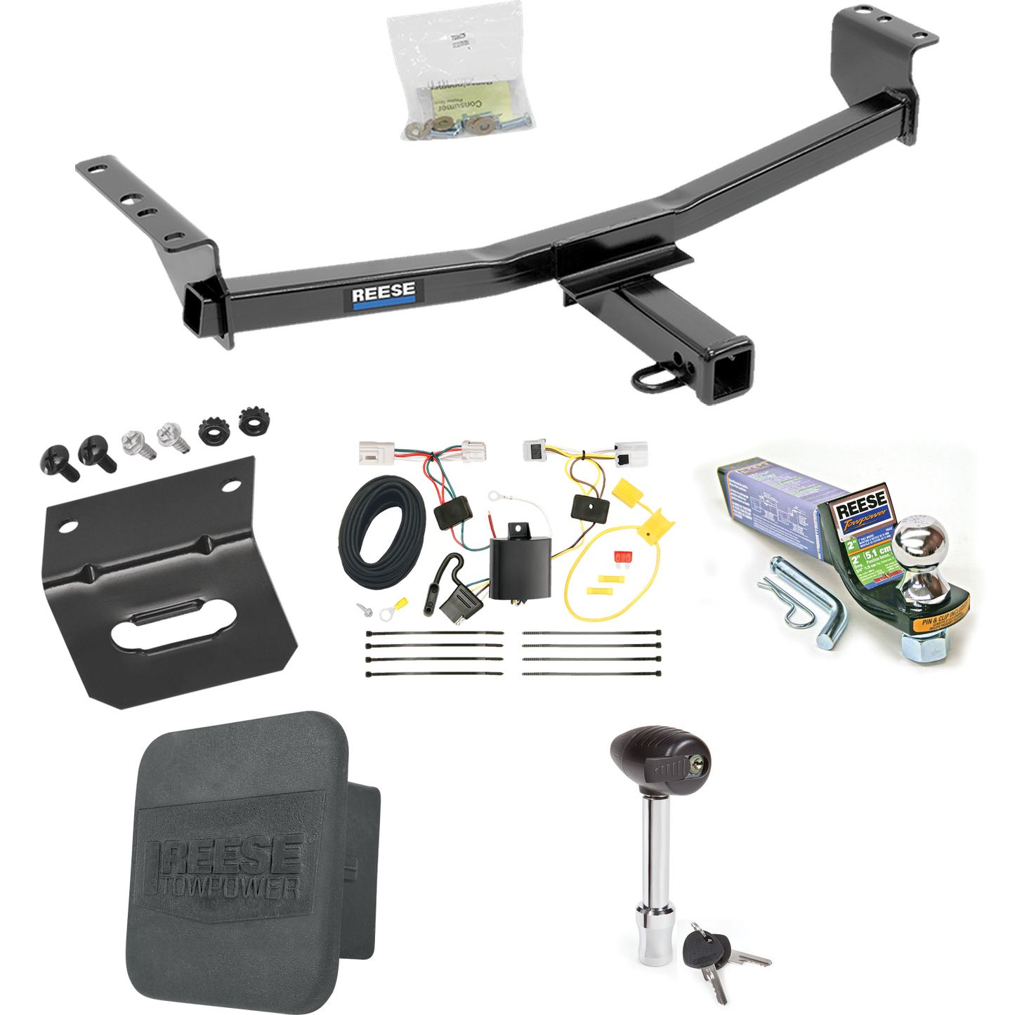 Fits 2008-2013 Nissan Rogue Trailer Hitch Tow PKG w/ 4-Flat Wiring + Starter Kit Ball Mount w/ 2" Drop & 1-7/8" Ball + Wiring Bracket + Hitch Lock + Hitch Cover (Excludes: Krom Models) By Reese Towpower