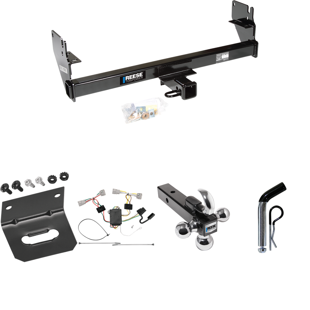 Fits 2005-2015 Toyota Tacoma Trailer Hitch Tow PKG w/ 4-Flat Wiring Harness + Triple Ball Ball Mount 1-7/8" & 2" & 2-5/16" Trailer Balls w/ Tow Hook + Pin/Clip + Wiring Bracket (Excludes: X-Runner Models) By Reese Towpower