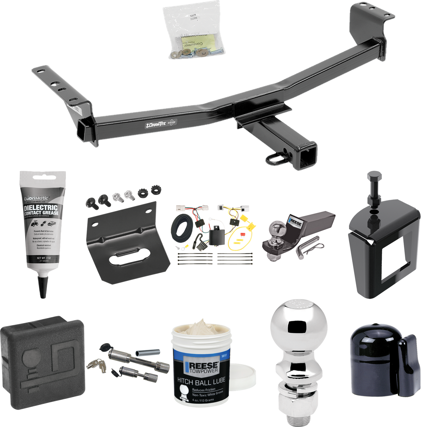 Fits 2008-2013 Nissan Rogue Trailer Hitch Tow PKG w/ 4-Flat Wiring + Starter Kit Ball Mount w/ 2" Drop & 2" Ball + 2-5/16" Ball + Wiring Bracket + Dual Hitch & Coupler Locks + Hitch Cover + Wiring Tester + Ball Lube +Electric Grease + Ball Wrench + A