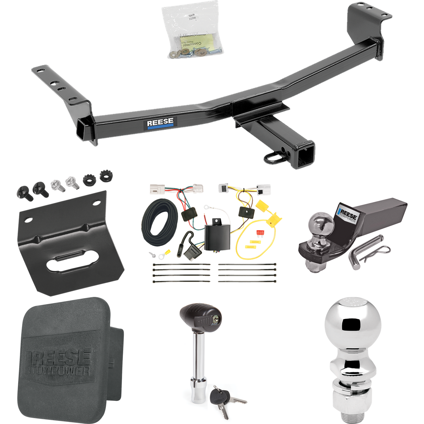 Fits 2014-2020 Nissan Rogue Trailer Hitch Tow PKG w/ 4-Flat Wiring + Starter Kit Ball Mount w/ 2" Drop & 2" Ball + 2-5/16" Ball + Wiring Bracket + Hitch Lock + Hitch Cover (Excludes: Sport Models) By Reese Towpower