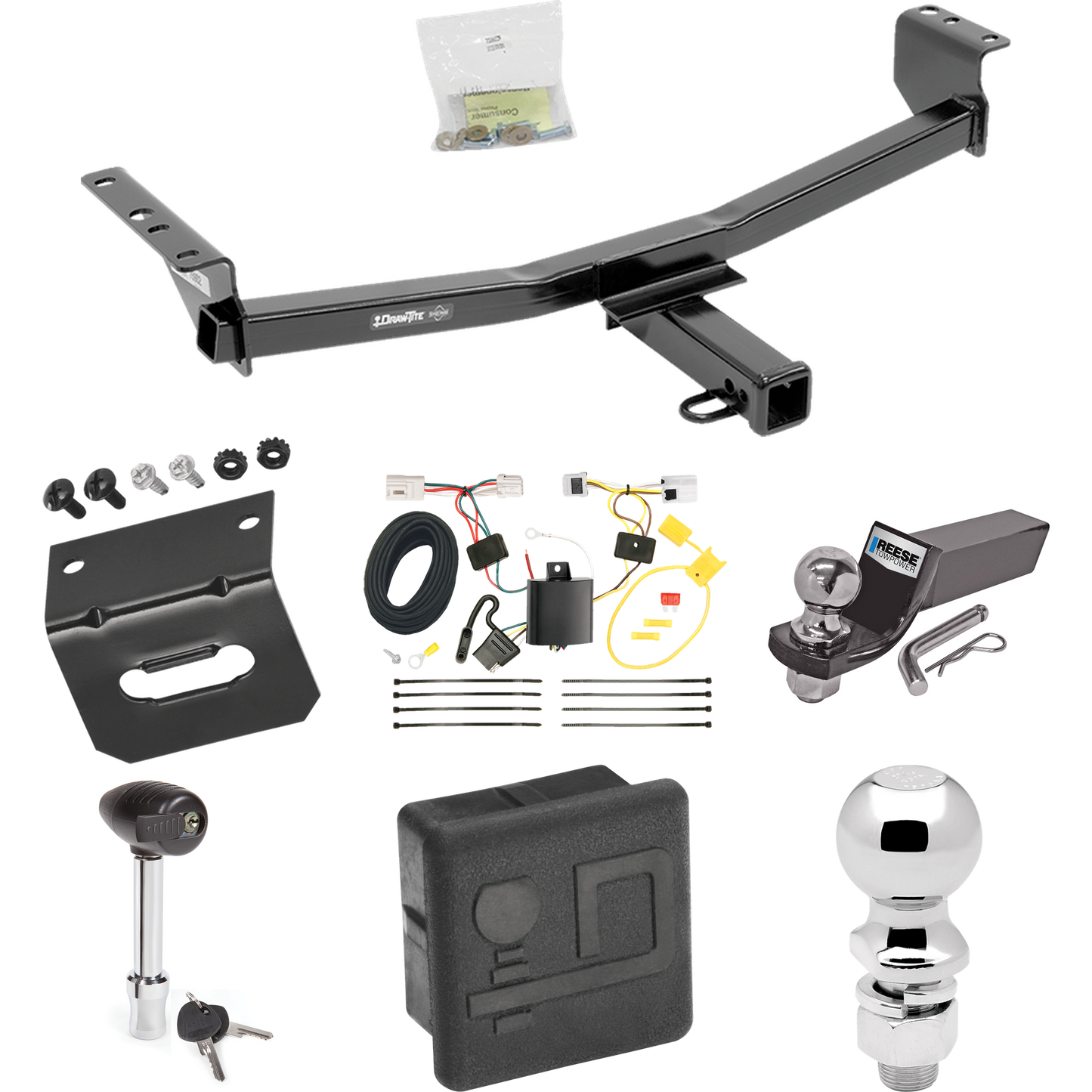 Fits 2008-2013 Nissan Rogue Trailer Hitch Tow PKG w/ 4-Flat Wiring + Starter Kit Ball Mount w/ 2" Drop & 2" Ball + 2-5/16" Ball + Wiring Bracket + Hitch Lock + Hitch Cover (Excludes: Krom Models) By Draw-Tite