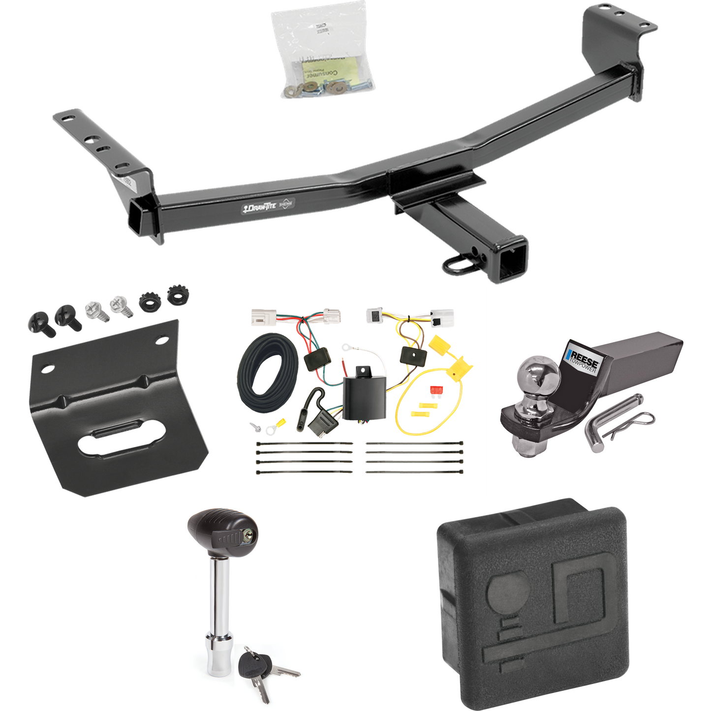 Fits 2008-2013 Nissan Rogue Trailer Hitch Tow PKG w/ 4-Flat Wiring + Starter Kit Ball Mount w/ 2" Drop & 2" Ball + Wiring Bracket + Hitch Lock + Hitch Cover (Excludes: Krom Models) By Draw-Tite