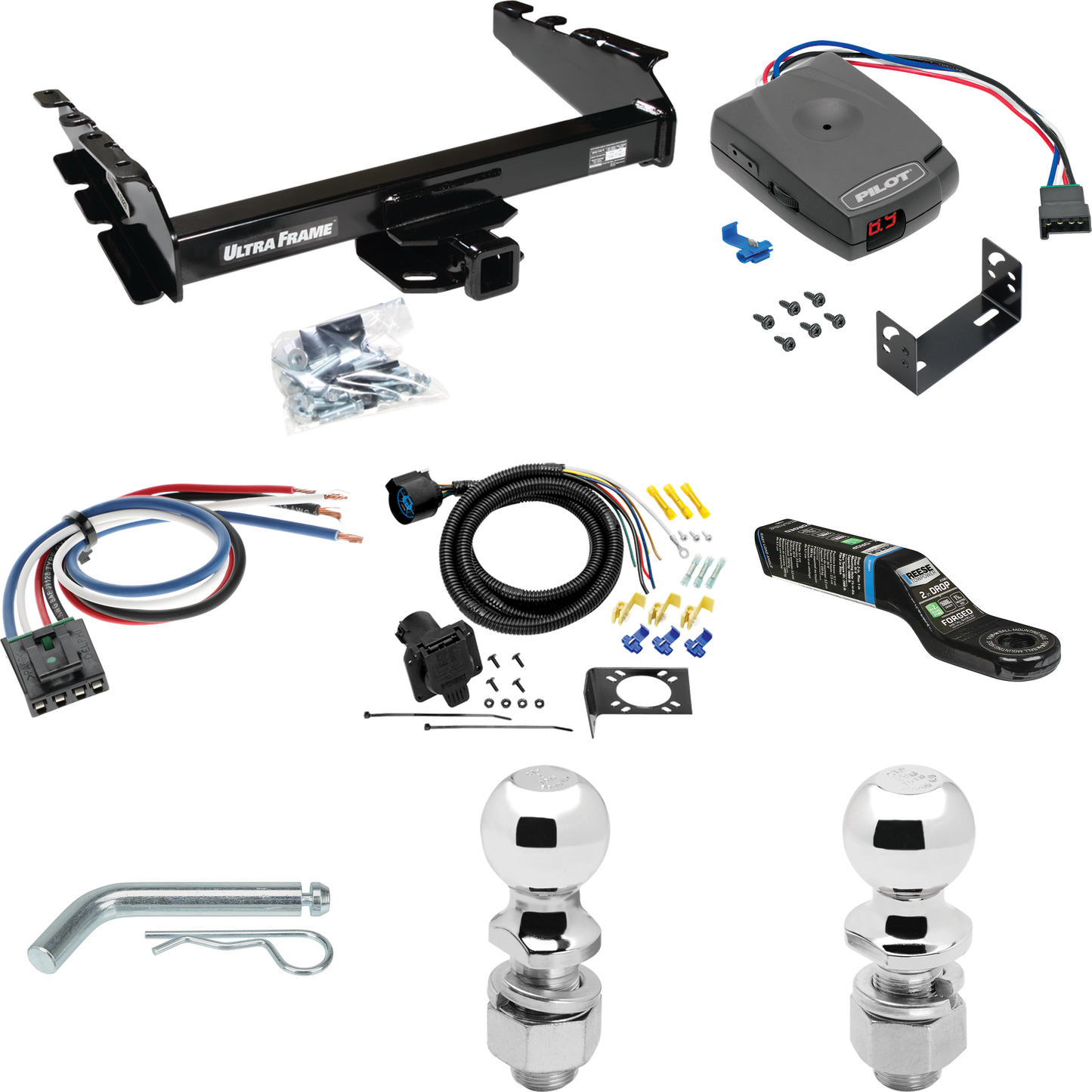 Fits 1994-1994 Dodge Ram 1500 Trailer Hitch Tow PKG w/ Pro Series Pilot Brake Control + Generic BC Wiring Adapter + 7-Way RV Wiring + 2" & 2-5/16" Ball & Drop Mount By Draw-Tite