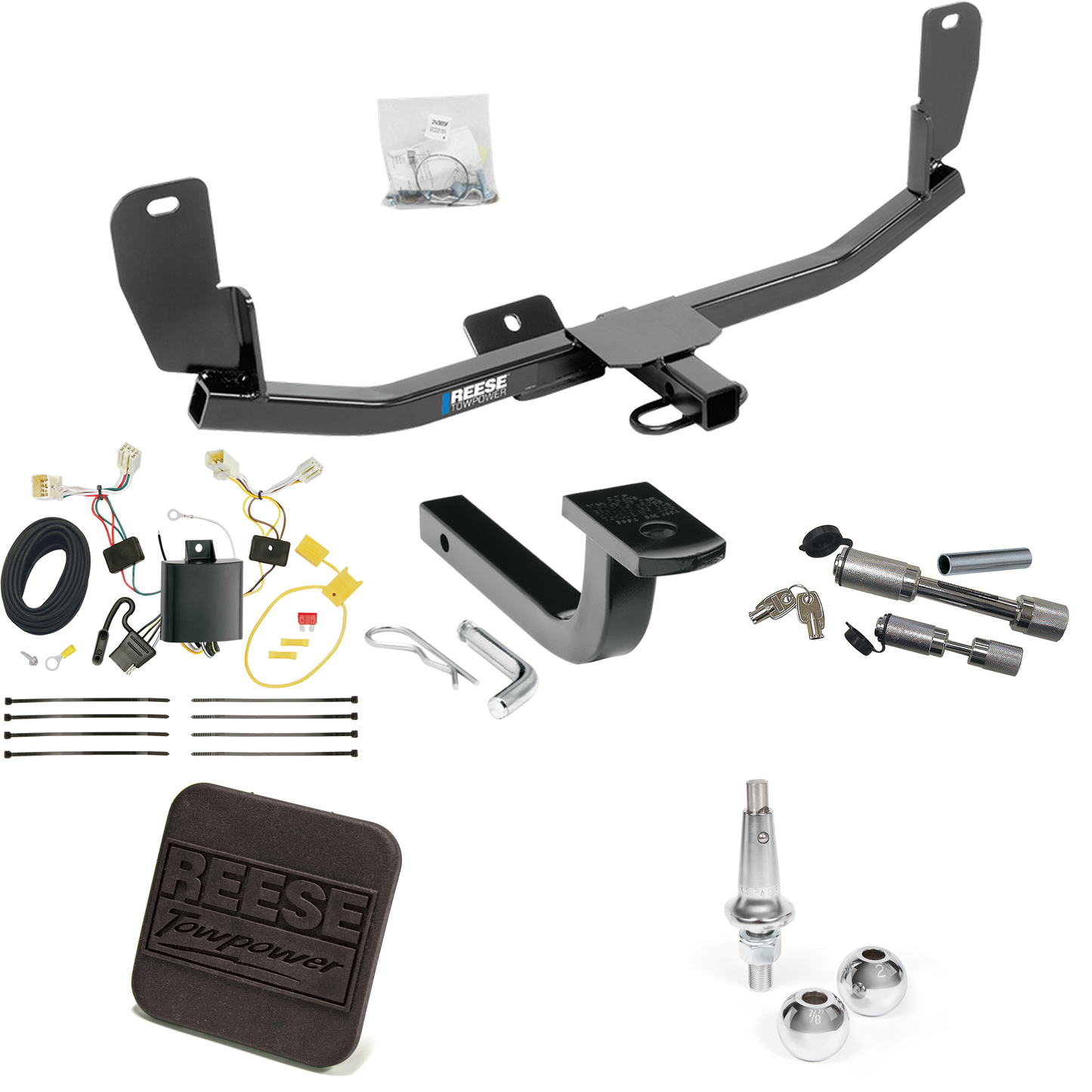 Fits 2013-2020 Hyundai Elantra GT Trailer Hitch Tow PKG w/ 4-Flat Wiring Harness + Draw-Bar + Interchangeable 1-7/8" & 2" Balls + Hitch Cover + Dual Hitch & Coupler Locks (Excludes: for Korean Manufactured Vehicles Models) By Reese Towpower